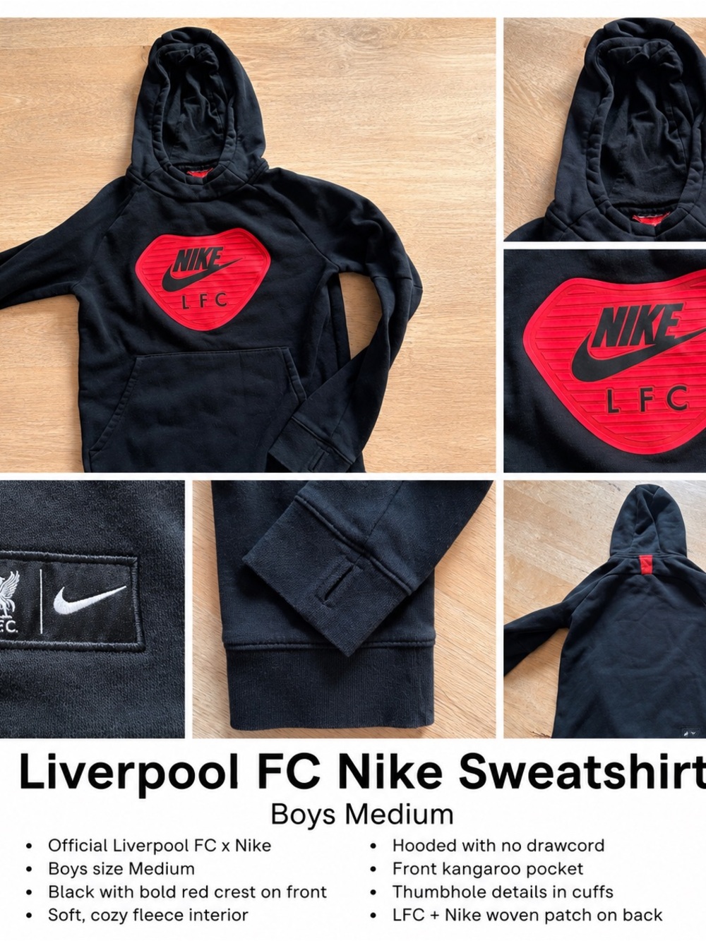 Nike Liverpool FC LFC Boys Hoodie Small 8 Black Red Soccer Football Sweatshirt